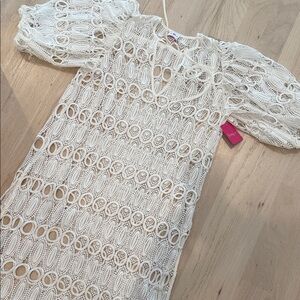 Buddy Love White Crochet Midi Dress with Puff Sleeves